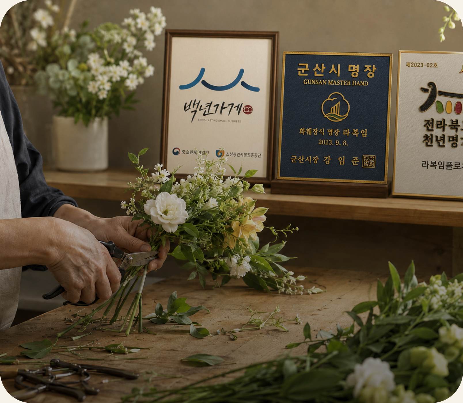 백년가게·군산시 명장 인증과 꽃 작업 현장